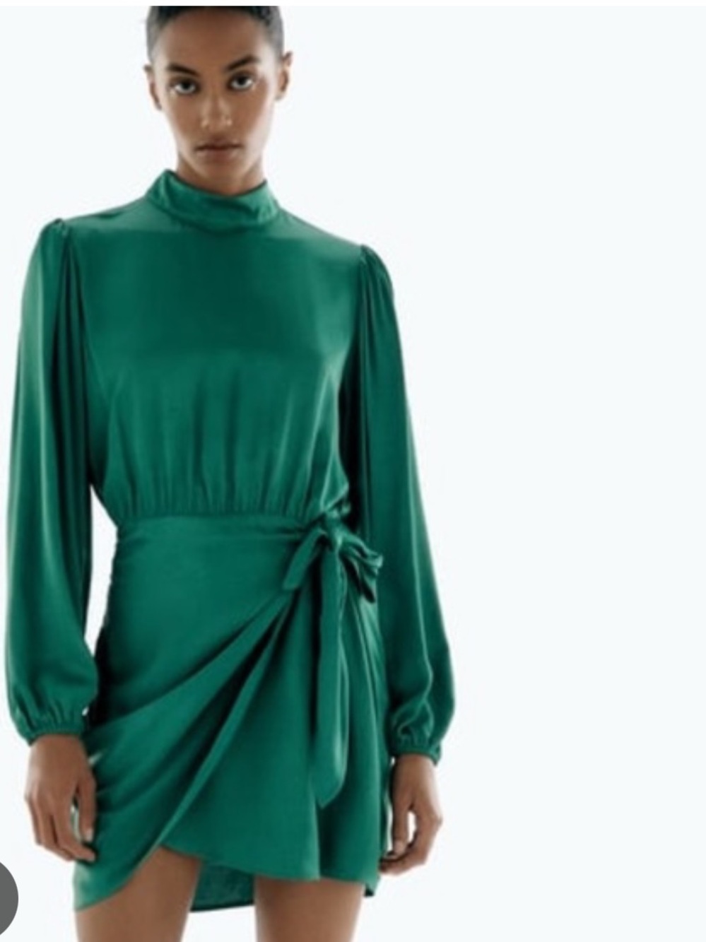 Zara Emerald Green Satin Mock Neck Mini Wrap Dress S